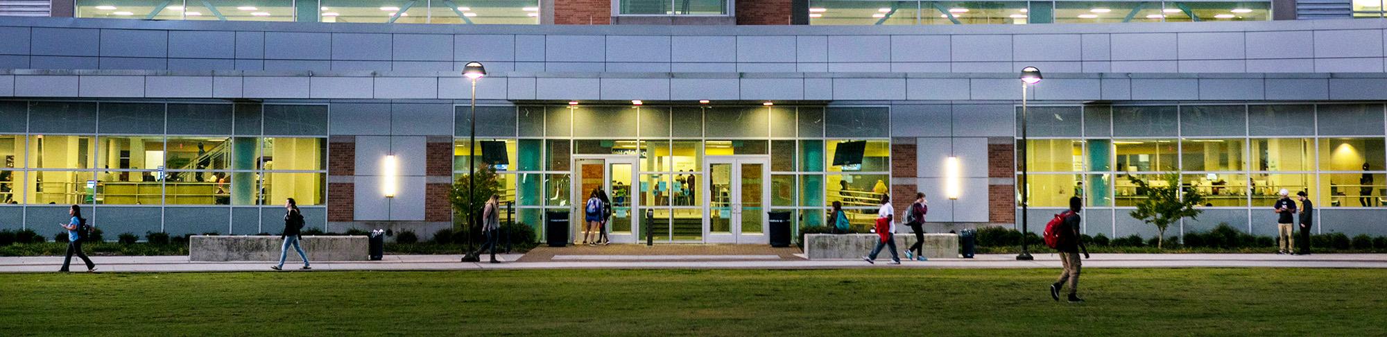 Perry Library exterior at night